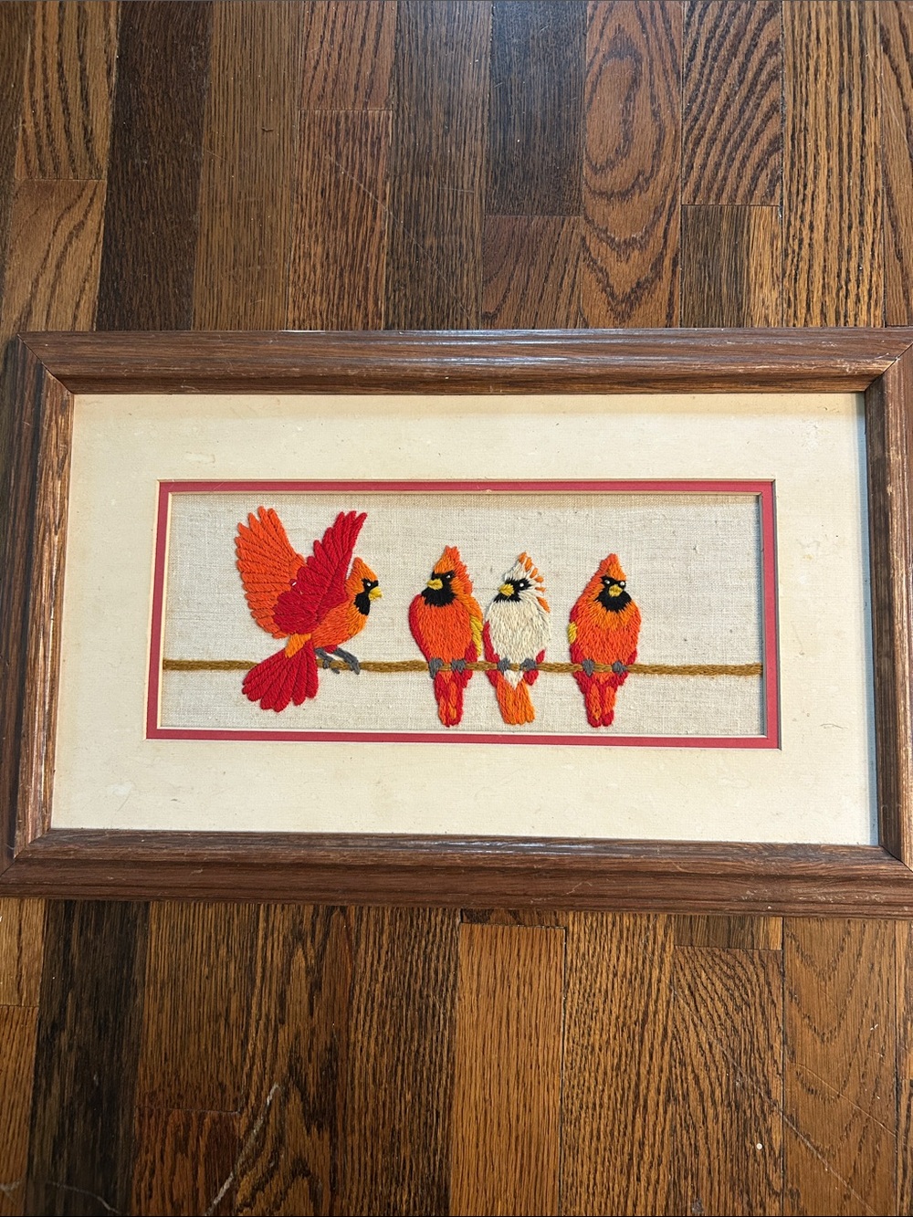 Framed Embroidered Cardinal Wall Hanging - Orange and Red